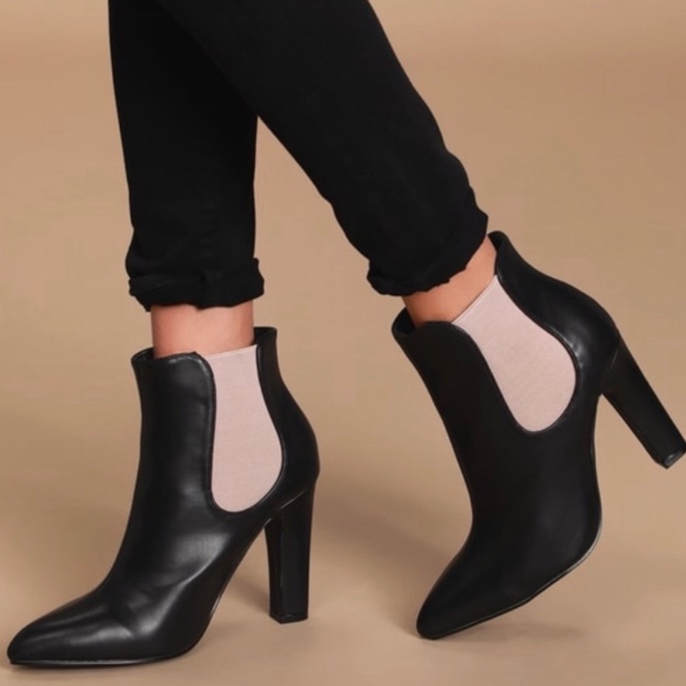 Lulu's Black Leather-Look Pointed Toe Ankle Boots with Pale Pink Elastic